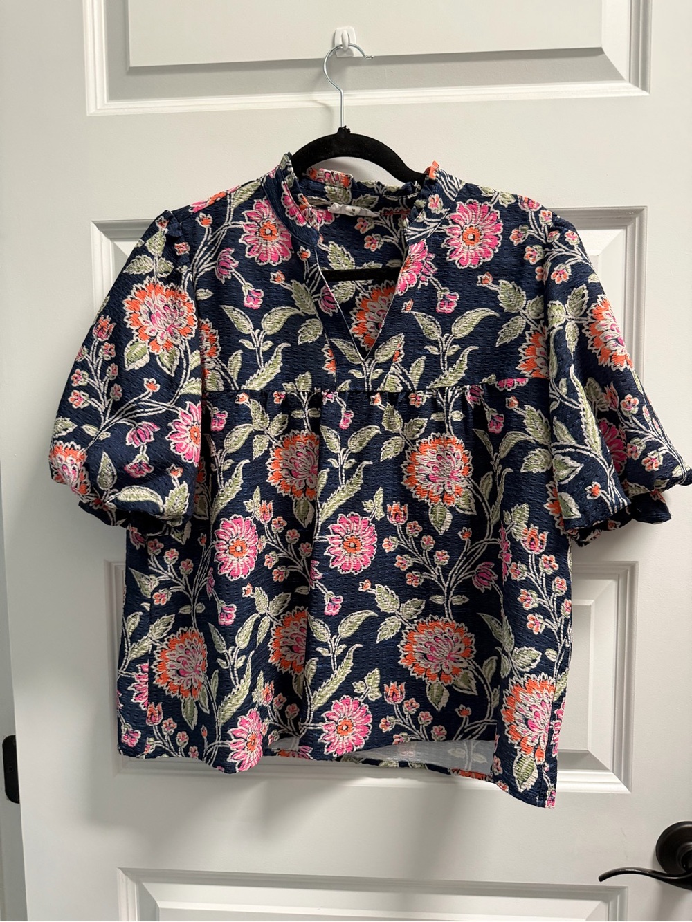 THML Navy Floral Button-Down Casual Shirt with Pink and Coral Blooms
